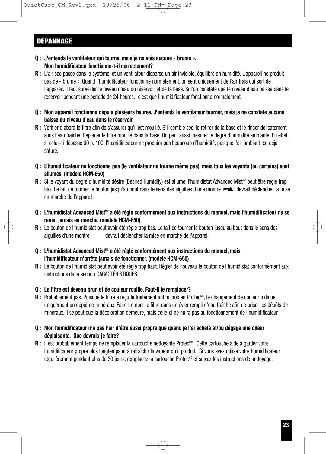 Honeywell HCM-630 Series, HCM-635 Series owner manual Dépannage 