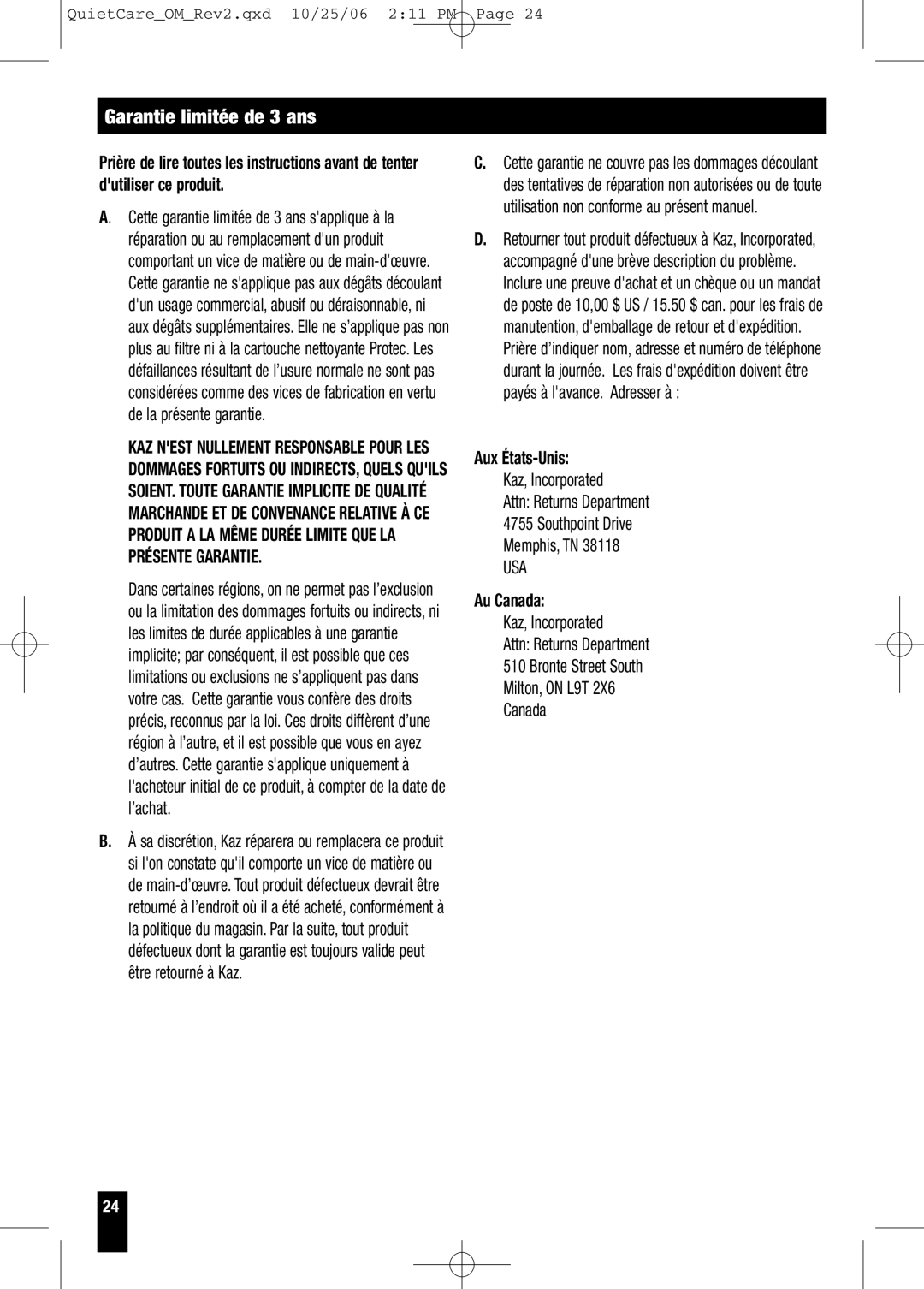 Honeywell HCM-635 Series, HCM-630 Series owner manual Garantie limitée de 3 ans, Aux États-Unis, Au Canada 