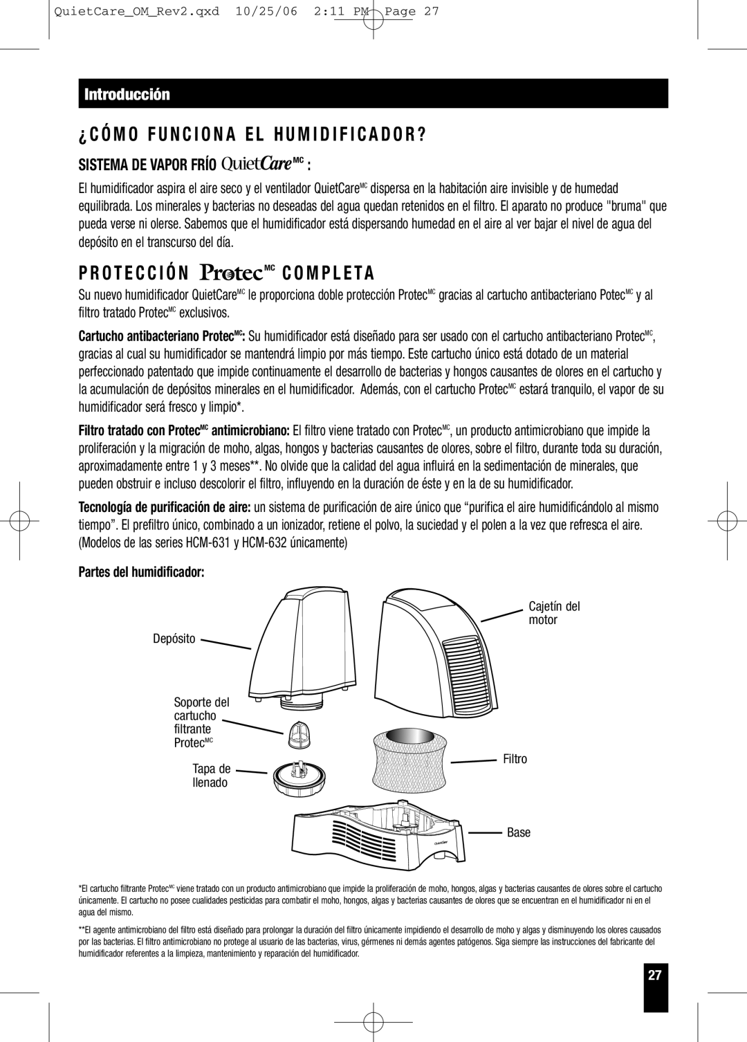 Honeywell HCM-630 Series owner manual Introducción, Sistema DE Vapor Frío MC, Mc C O M P L E Ta, Partes del humidificador 