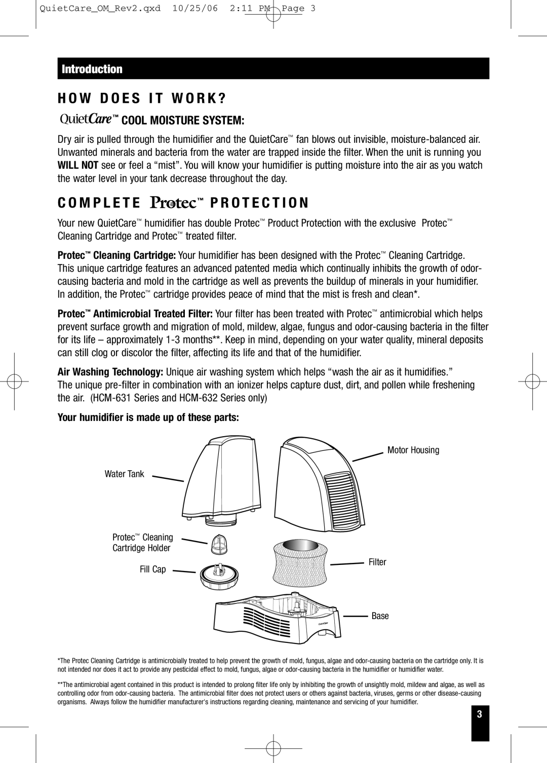 Honeywell HCM-630 Series Introduction, Cool Moisture System, O T E C T I O N, Your humidifier is made up of these parts 