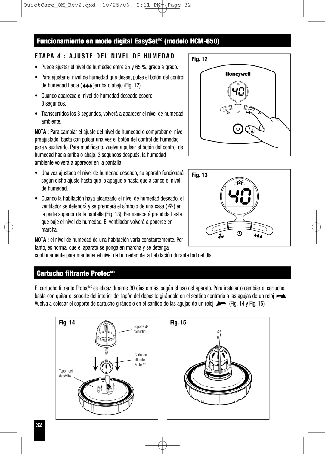 Honeywell HCM-635 Series, HCM-630 Series owner manual Cartucho filtrante ProtecMC 