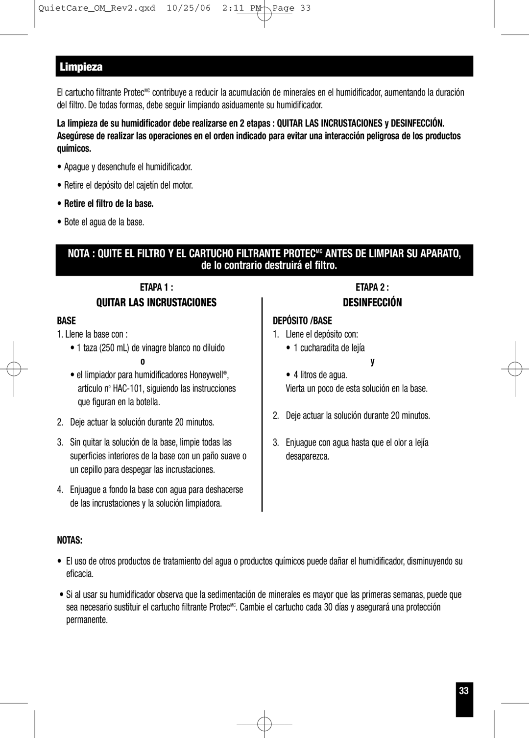 Honeywell HCM-630 Series, HCM-635 Series owner manual Limpieza, Retire el filtro de la base, Notas Etapa, Depósito /BASE 