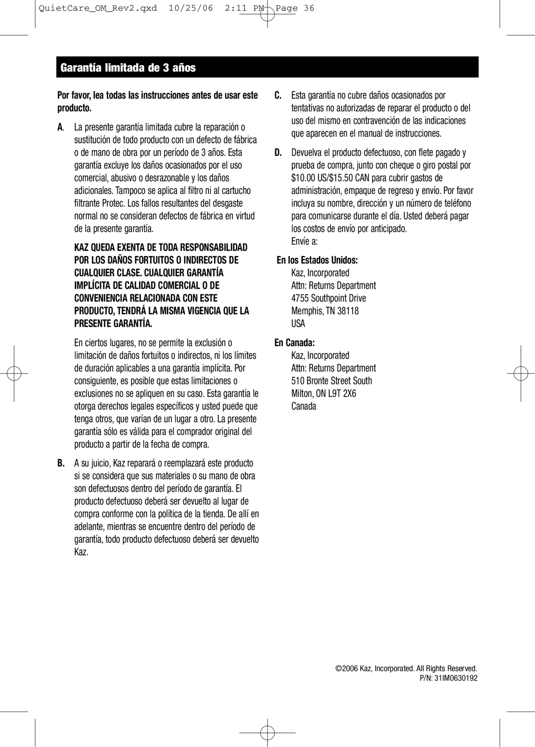 Honeywell HCM-635 Series, HCM-630 Series owner manual Garantía limitada de 3 años, Envíe a, En los Estados Unidos, En Canada 