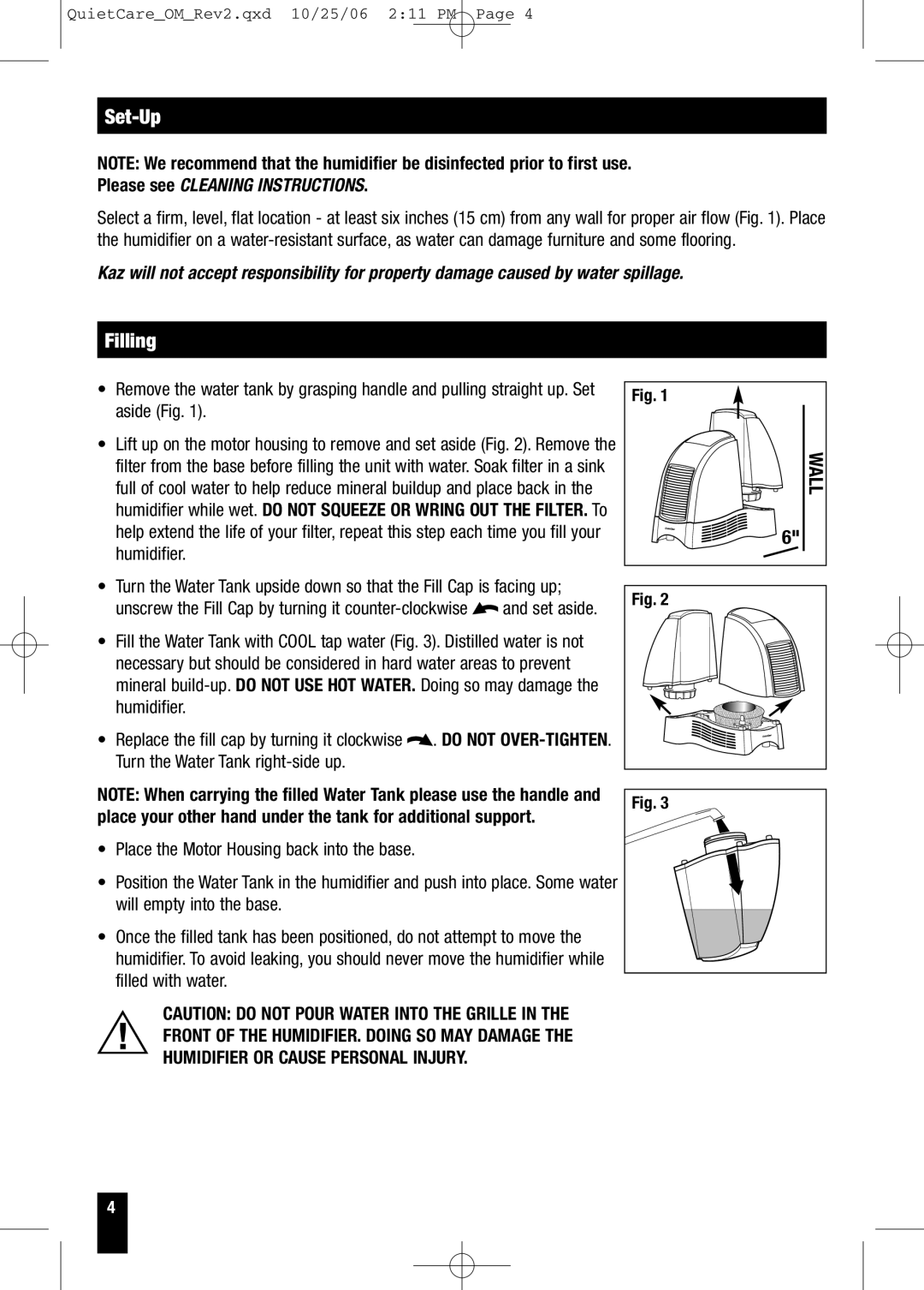 Honeywell HCM-635 Series owner manual Set-Up, Filling, Wall, Place your other hand under the tank for additional support 