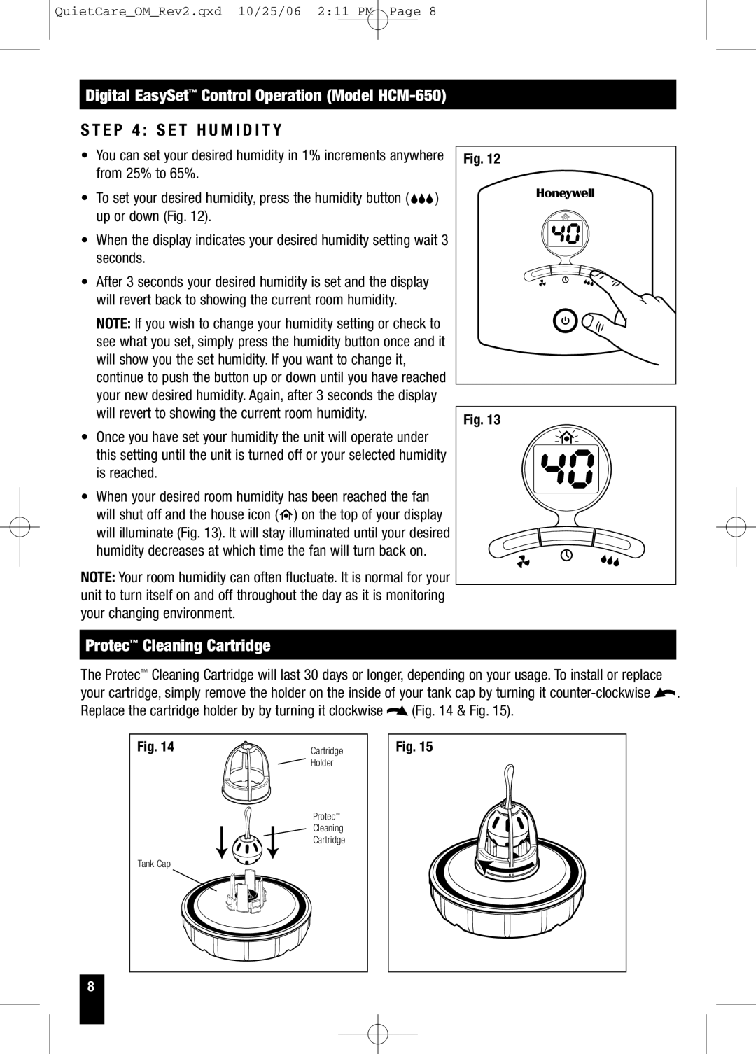 Honeywell HCM-635 Series, HCM-630 Series owner manual E P 4 S E T H U M I D I T Y, Protec Cleaning Cartridge 