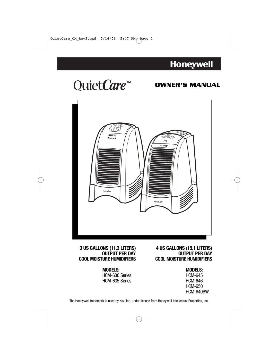 Honeywell HCM-646, HCM-650, HCM-645, HCM-640BW, HCM-635 owner manual Models, US Gallons 11.3 Liters US Gallons 15.1 Liters 