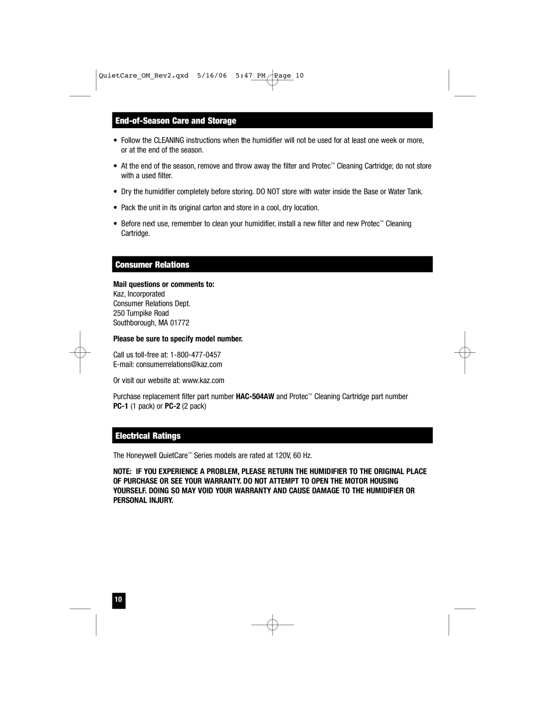 Honeywell HCM-635 End-of-Season Care and Storage, Consumer Relations, Electrical Ratings, Mail questions or comments to 