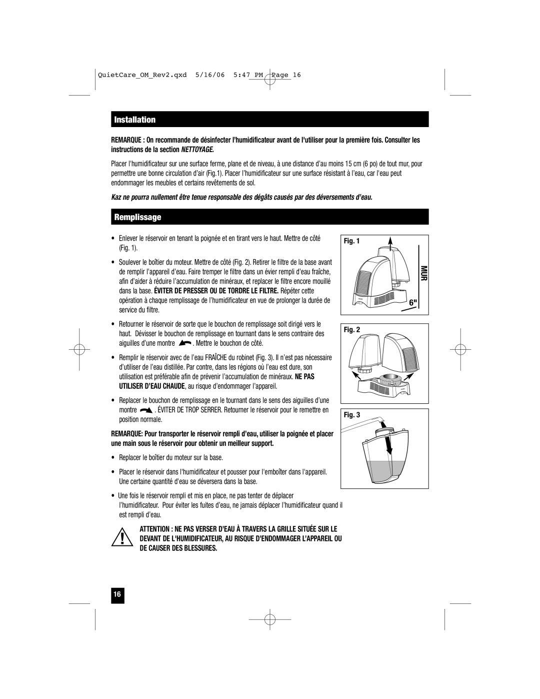 Honeywell HCM-635, HCM-650, HCM-646, HCM-645, HCM-640BW, HCM-630 owner manual Installation, Remplissage, Mur 