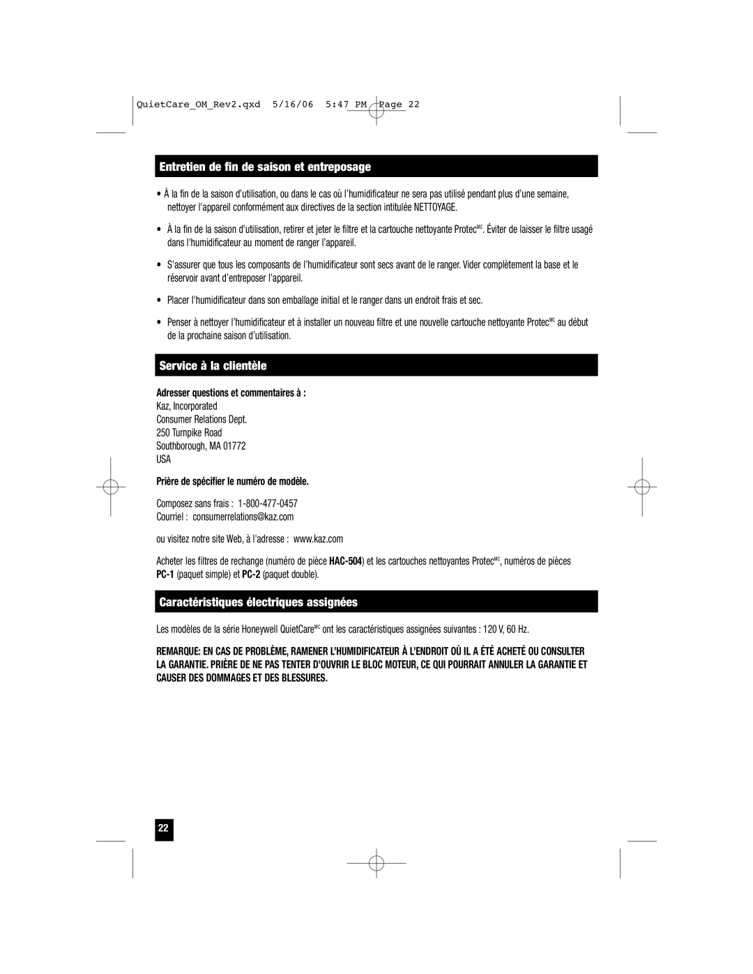 Honeywell HCM-635 Entretien de fin de saison et entreposage, Service à la clientèle, Adresser questions et commentaires à 