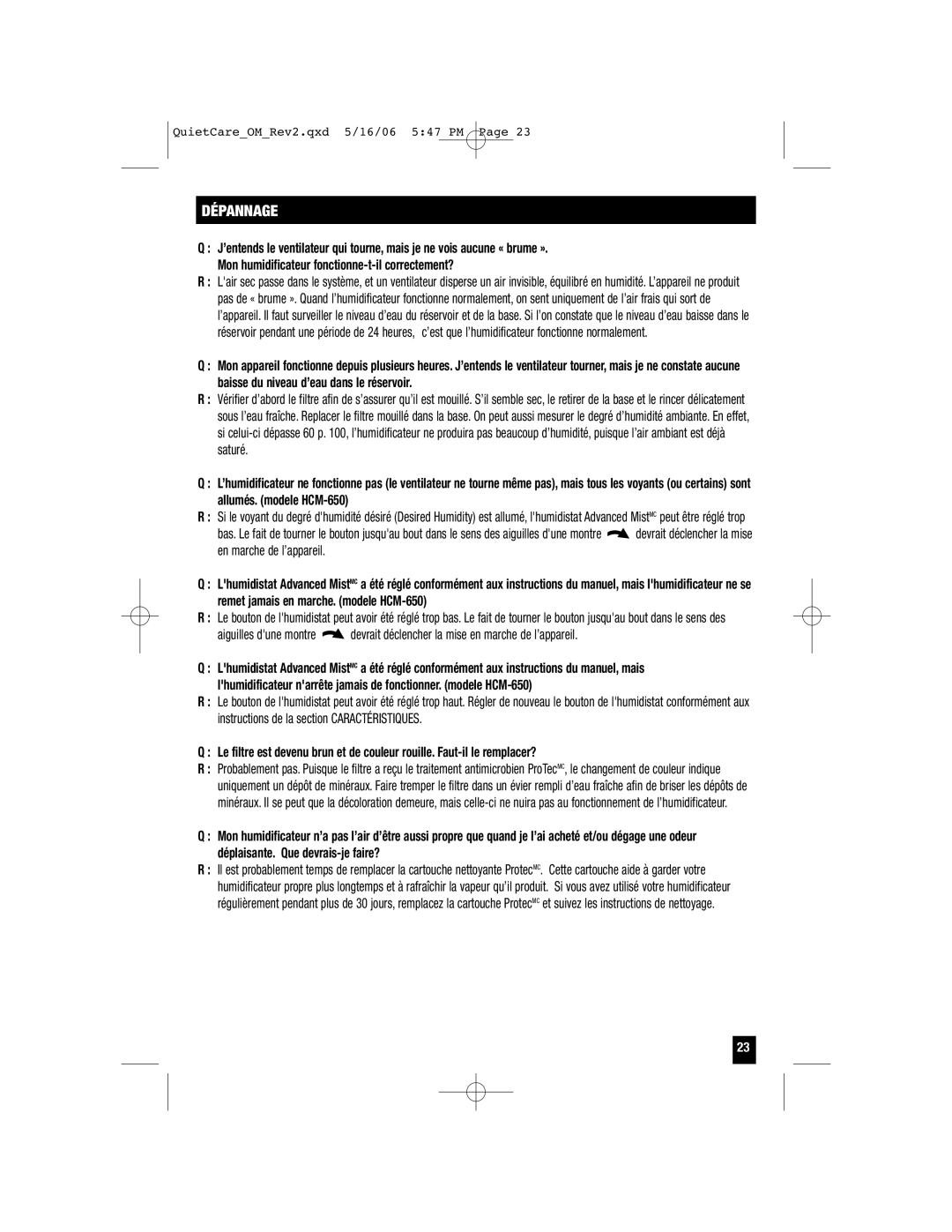 Honeywell HCM-630, HCM-650, HCM-646, HCM-645, HCM-640BW, HCM-635 owner manual Dépannage 