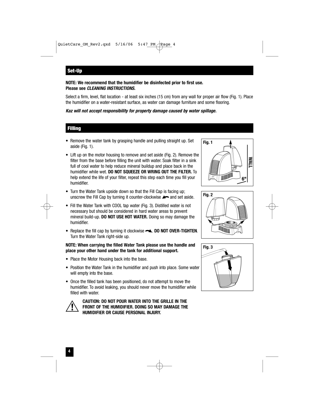 Honeywell HCM-635, HCM-650 Set-Up, Filling, Wall, Aside Fig, Place your other hand under the tank for additional support 