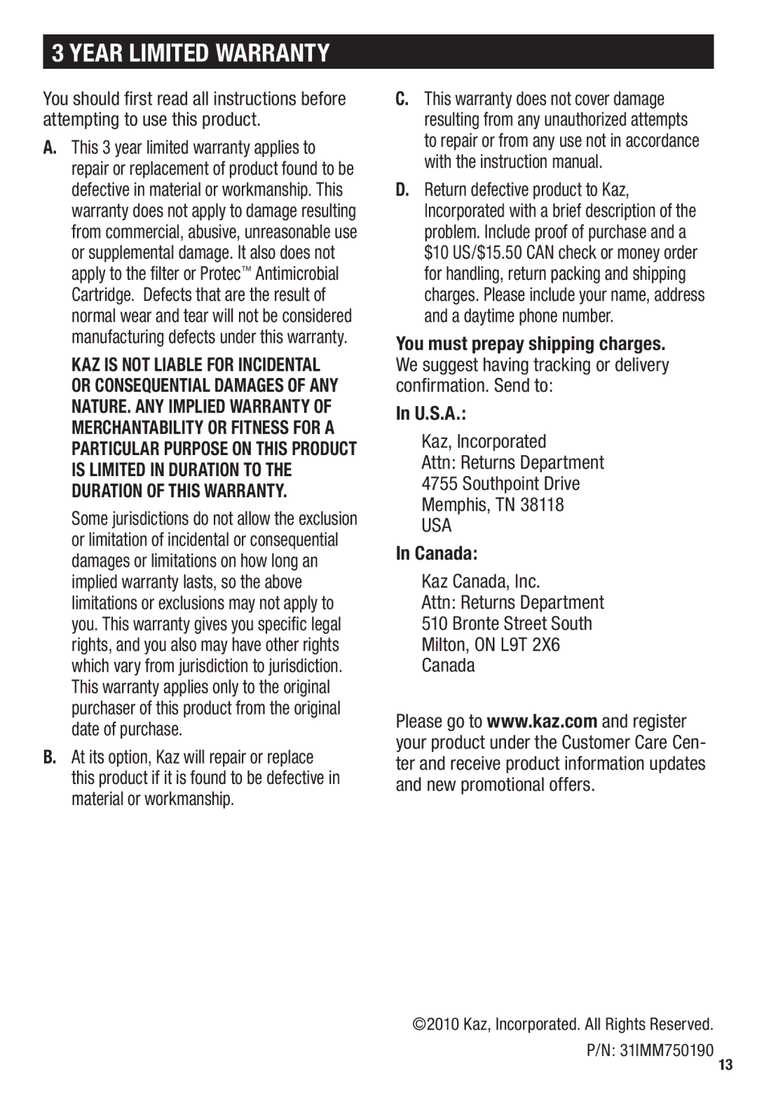 Honeywell HCM-750 important safety instructions Year Limited Warranty, U.S.A, Canada 