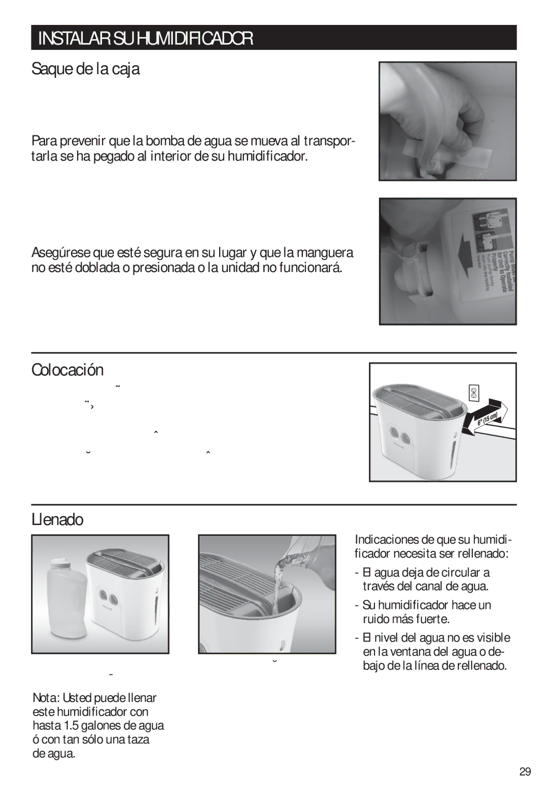 Honeywell HCM-750 important safety instructions Instalar SU Humidificador, Saque de la caja, Colocación, Llenado 