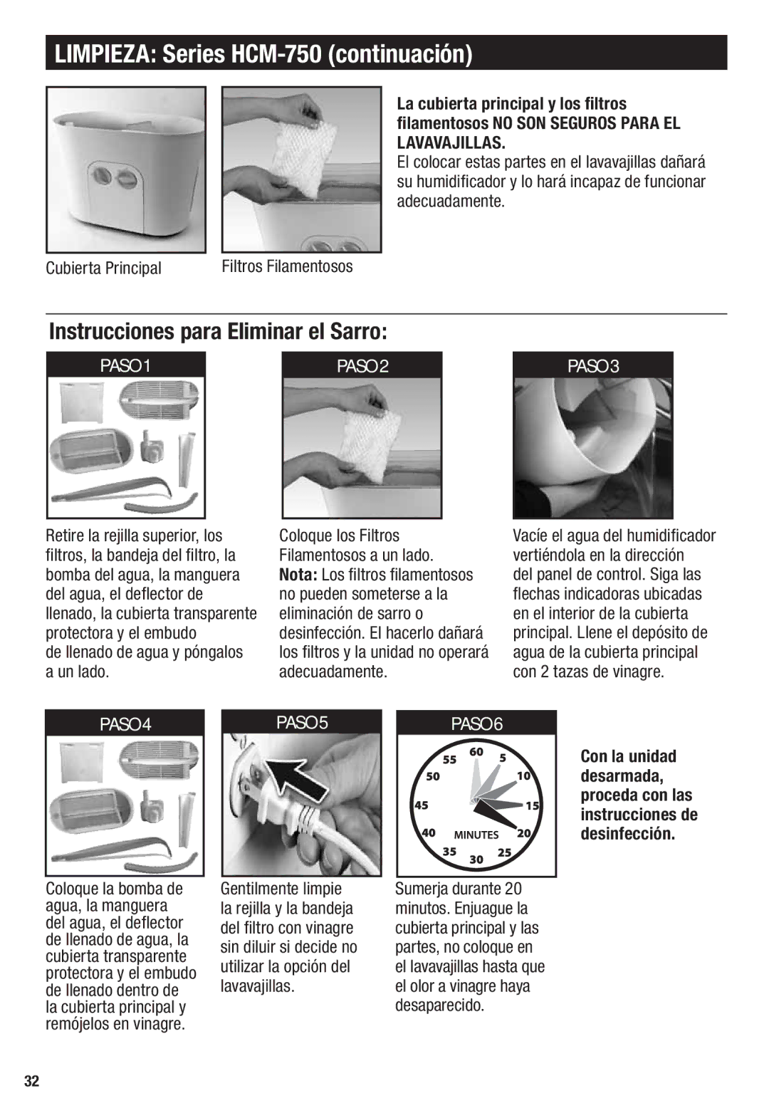 Honeywell important safety instructions Limpieza Series HCM-750 continuación, Instrucciones para Eliminar el Sarro 