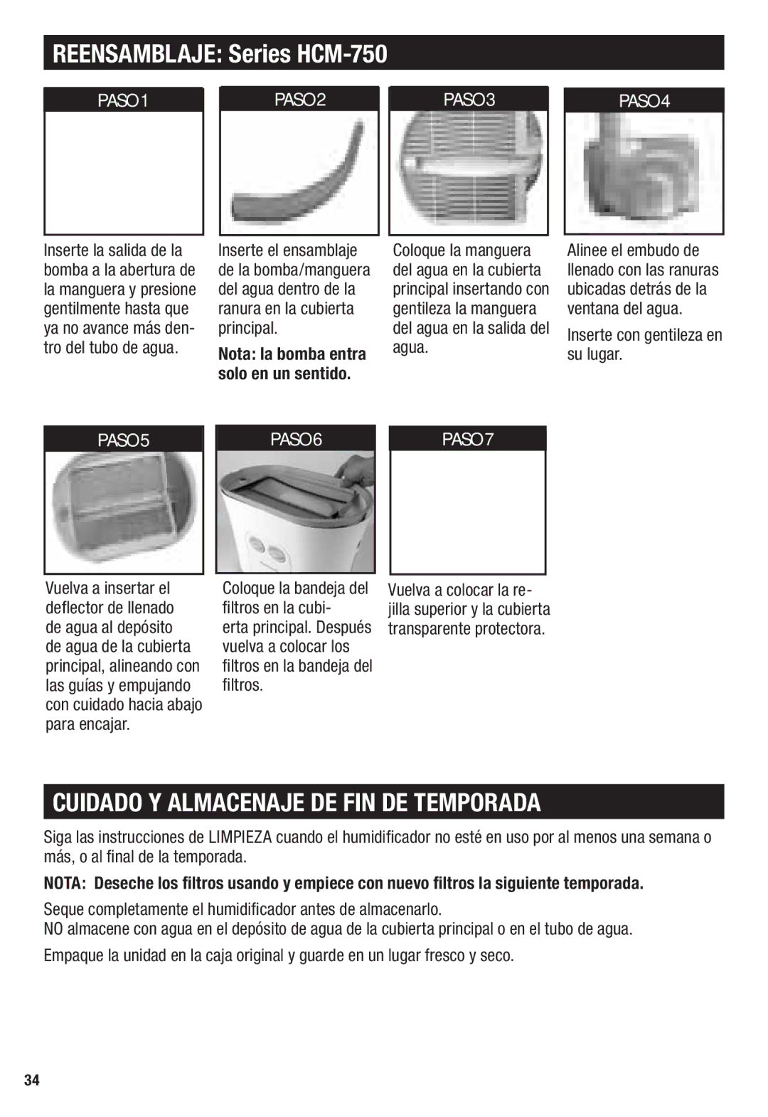 Honeywell Reensamblaje Series HCM-750, Cuidado Y Almacenaje DE FIN DE Temporada, Inserte con gentileza en su lugar 