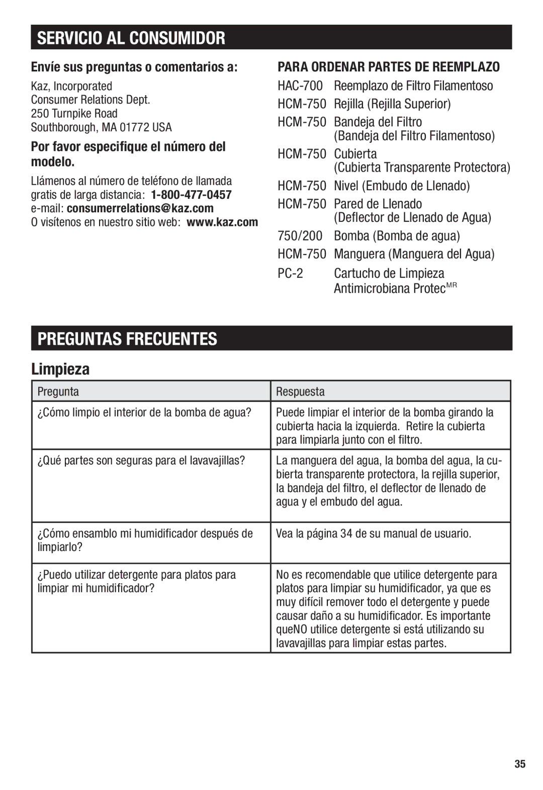 Honeywell HCM-750 Servicio AL Consumidor, Preguntas Frecuentes, Limpieza, Envíe sus preguntas o comentarios a 