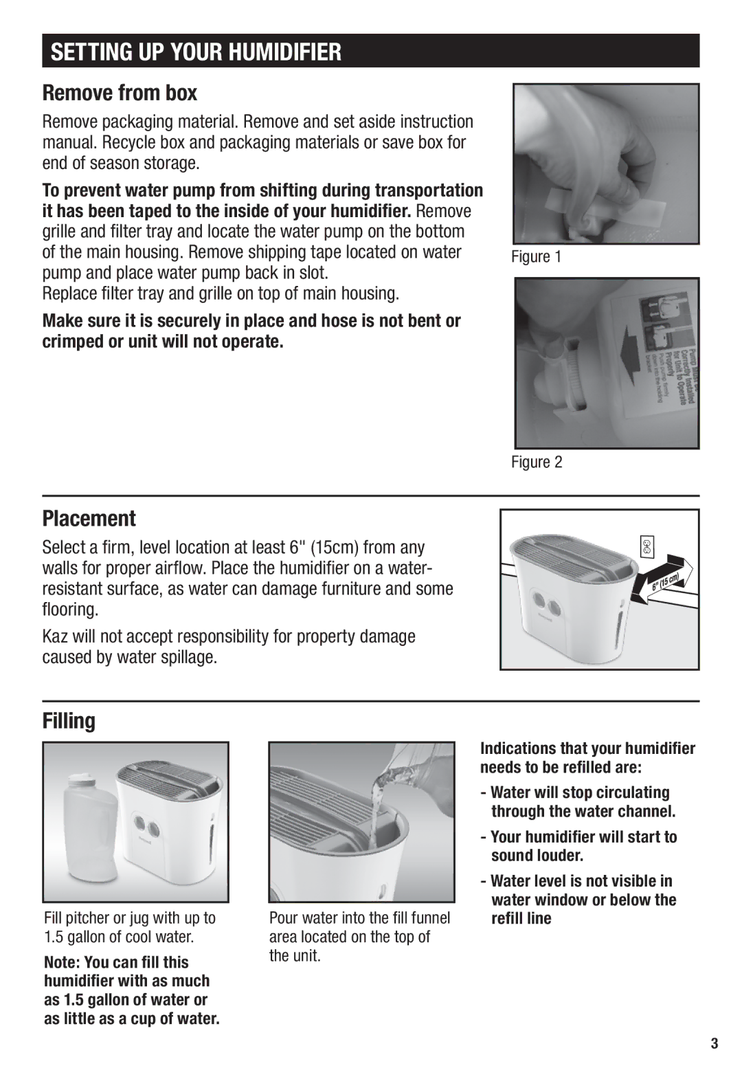 Honeywell HCM-750 important safety instructions Setting UP Your Humidifier, Remove from box, Placement, Filling 