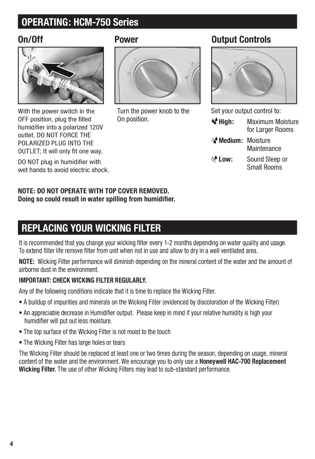 Honeywell Operating HCM-750 Series, Replacing Your Wicking Filter, On/Off Power Output Controls 