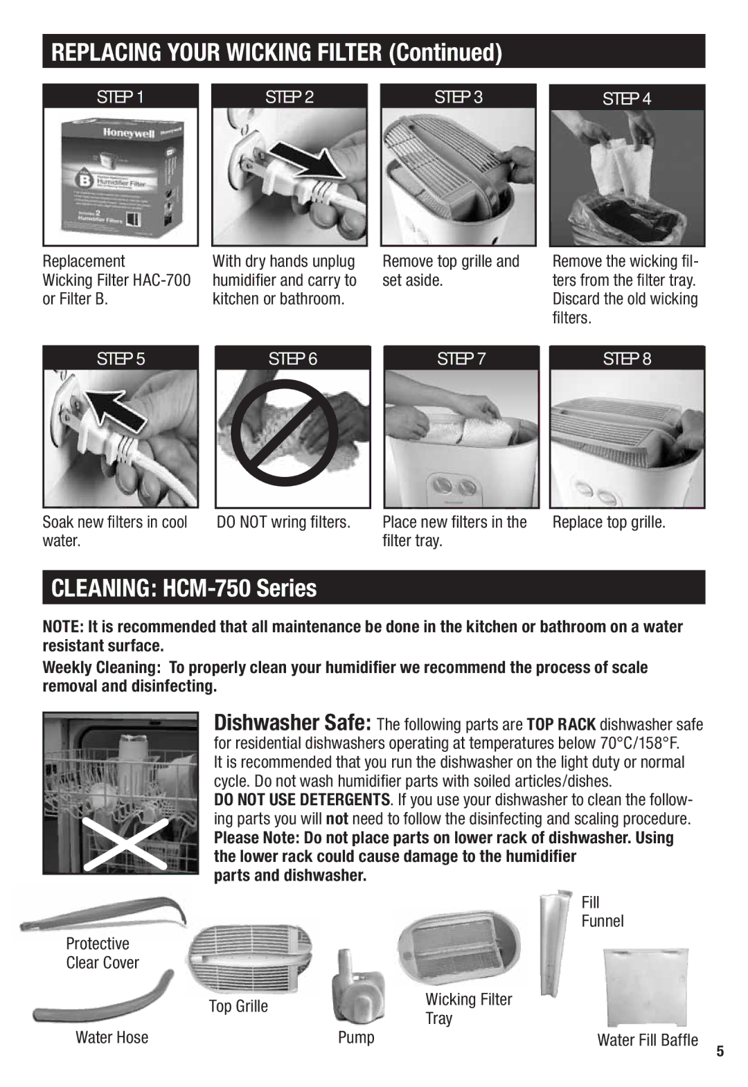 Honeywell important safety instructions Replacing Your Wicking Filter, Cleaning HCM-750 Series 