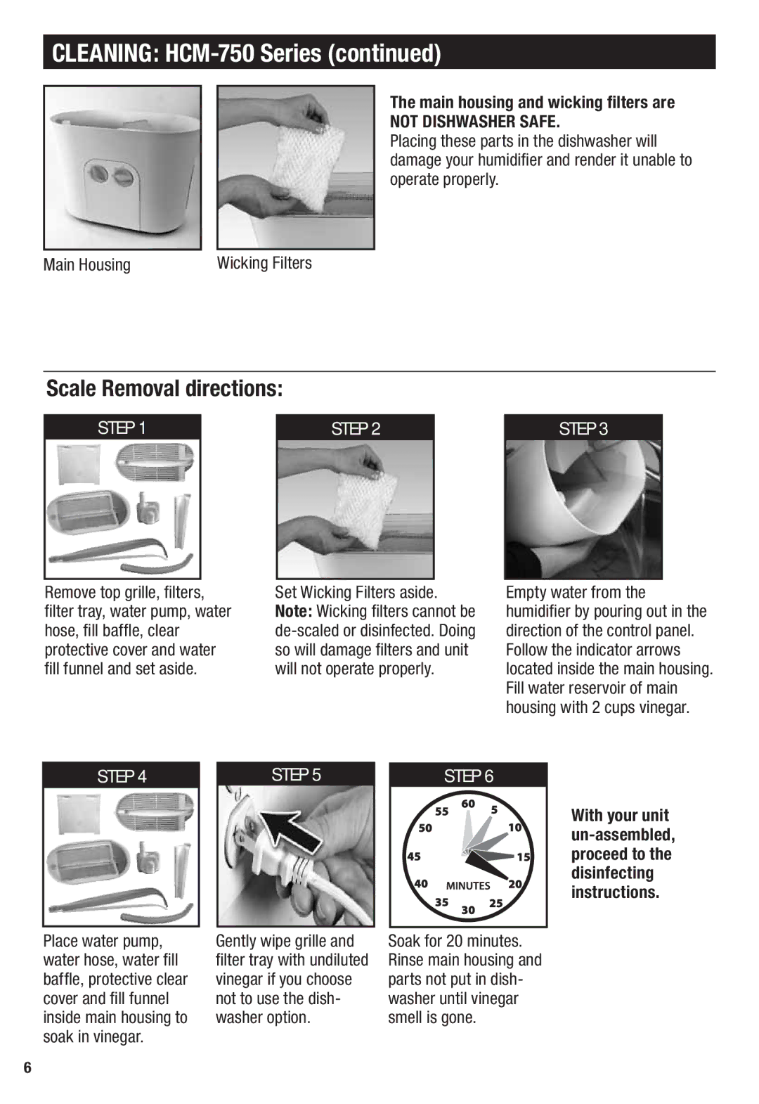 Honeywell HCM-750 important safety instructions Scale Removal directions, Not Dishwasher Safe 