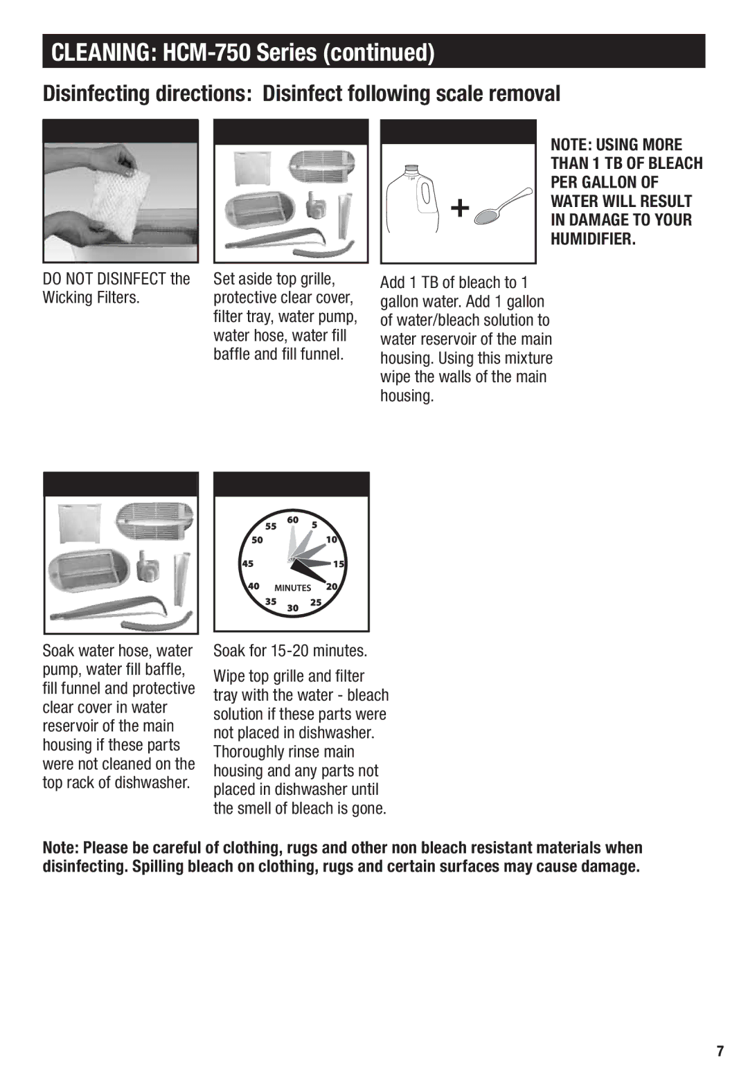 Honeywell HCM-750 Disinfecting directions Disinfect following scale removal, PER Gallon, Humidifier 