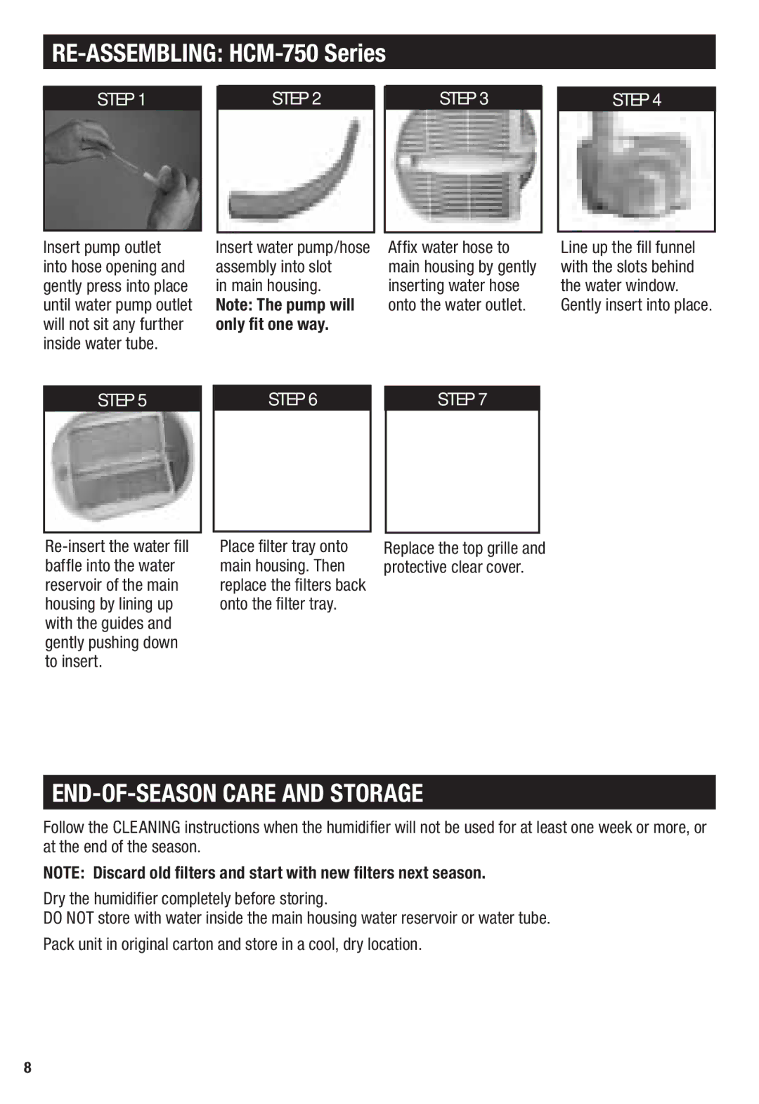 Honeywell RE-ASSEMBLING HCM-750 Series, END-OF-SEASON Care and Storage, Affix water hose to 