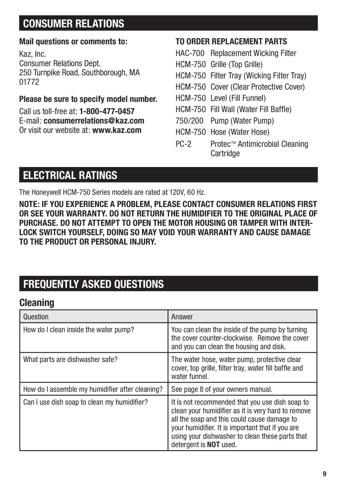 Honeywell HCM-750 Consumer Relations, Electrical Ratings, Frequently Asked Questions, Cleaning 