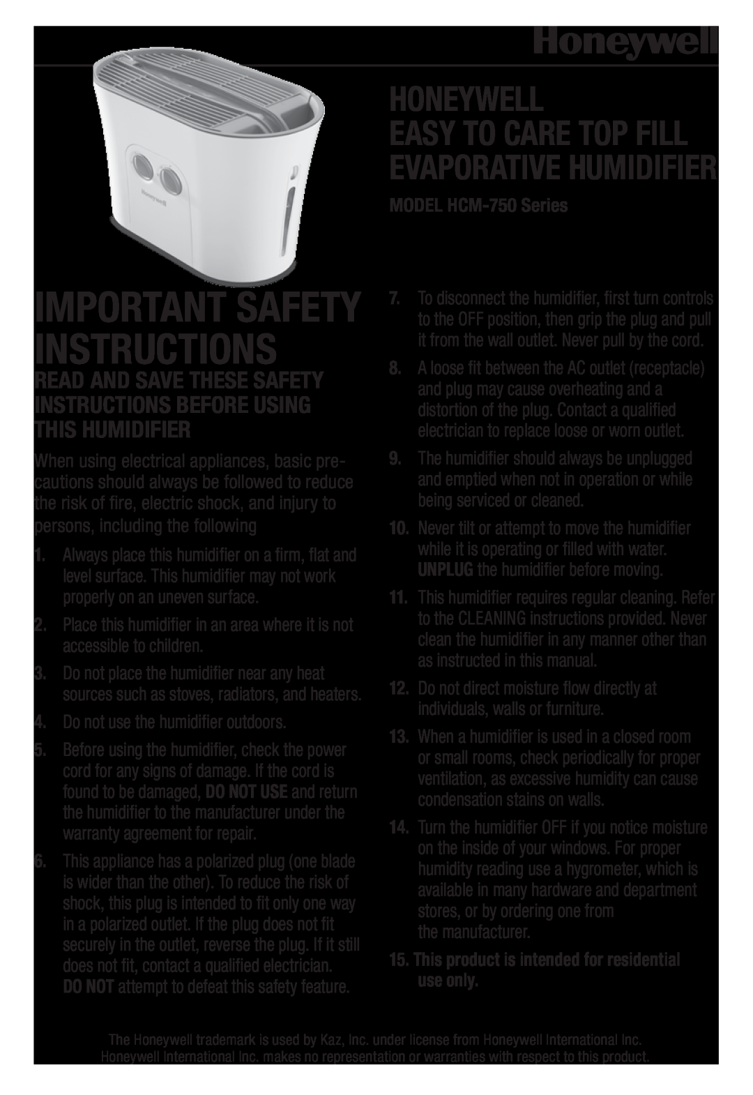 Honeywell HCM-750 important safety instructions Honeywell, Easy To Care Top Fill Evaporative Humidifier, use only 