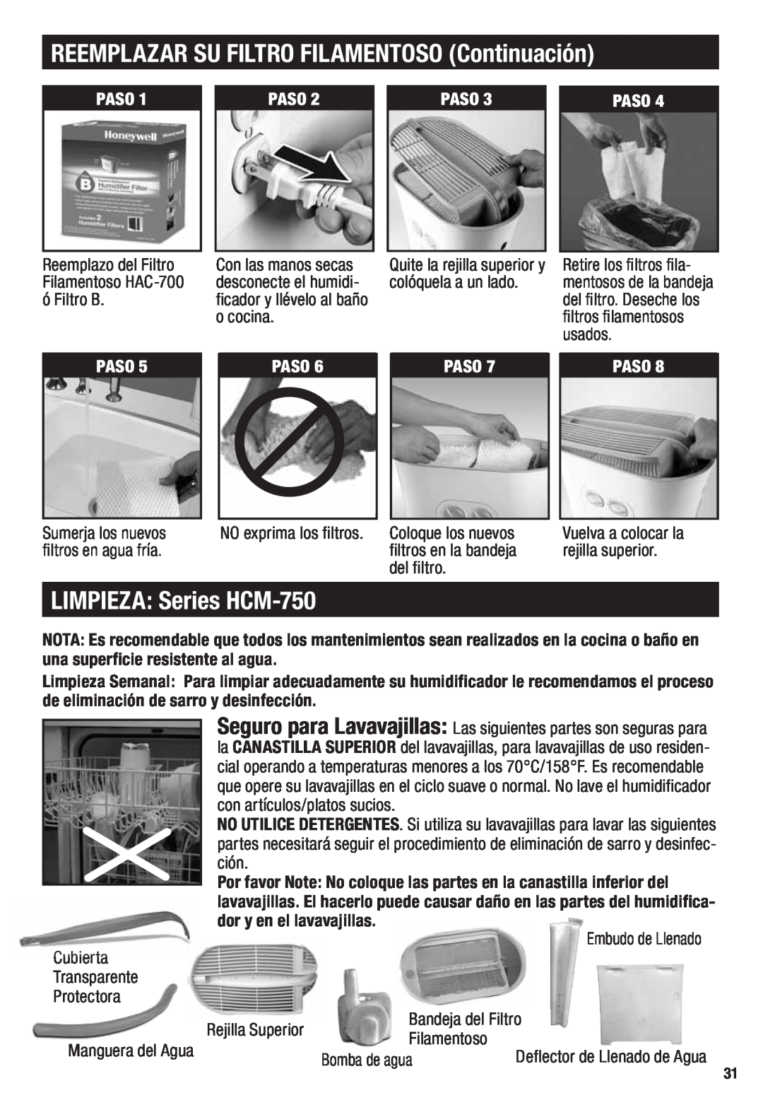 Honeywell important safety instructions REEMPLAZAR SU FILTRO FILAMENTOSO Continuación, LIMPIEZA Series HCM-750, Paso 