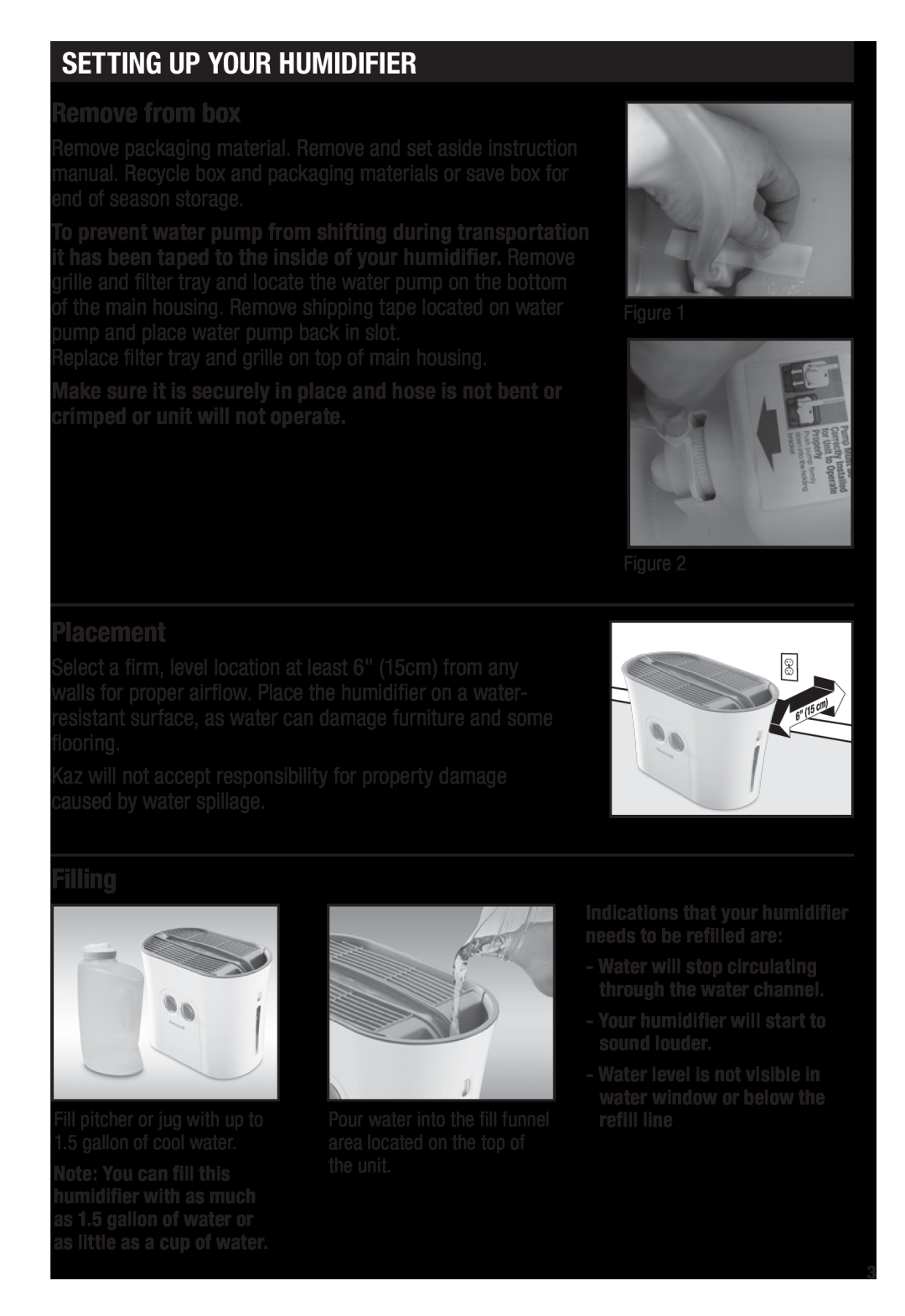 Honeywell HCM-750 important safety instructions Setting Up Your Humidifier, Remove from box, Placement, Filling 