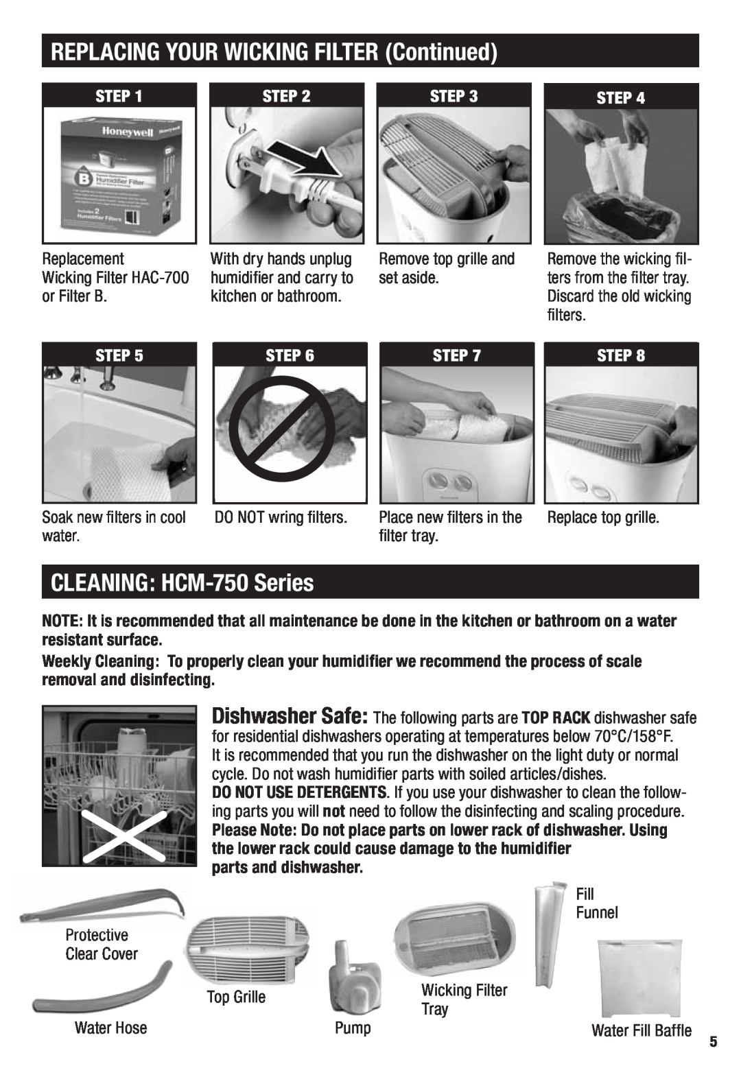 Honeywell important safety instructions REPLACING YOUR WICKING FILTER Continued, CLEANING HCM-750Series, Step 