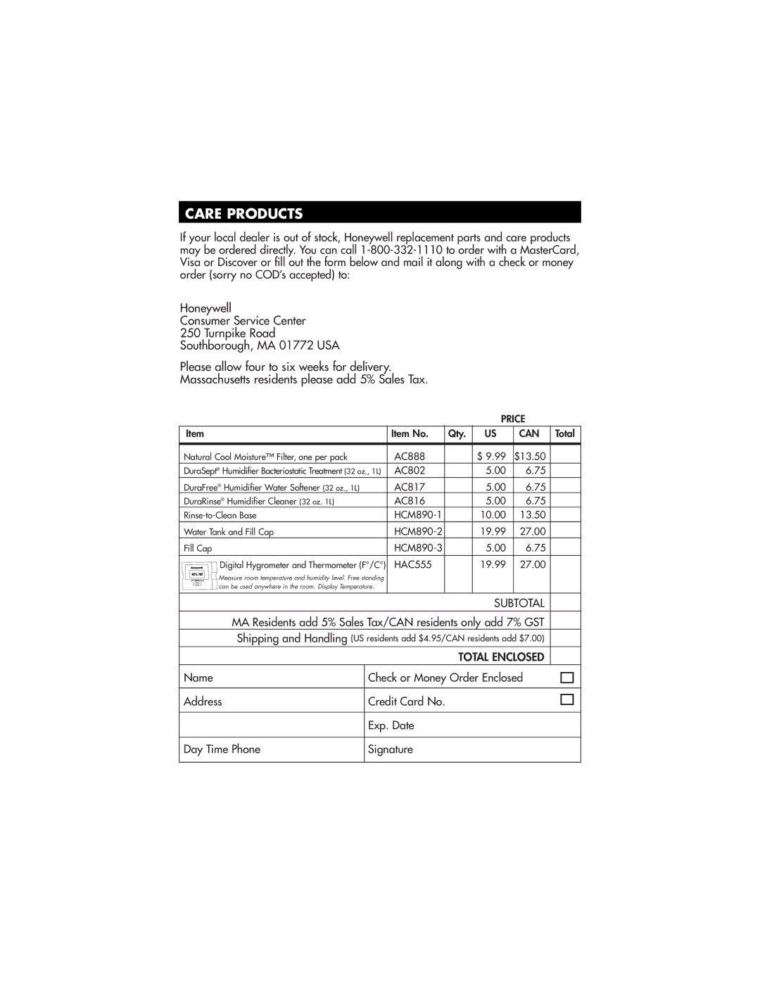 Honeywell HCM-890 owner manual Care Products, Can 