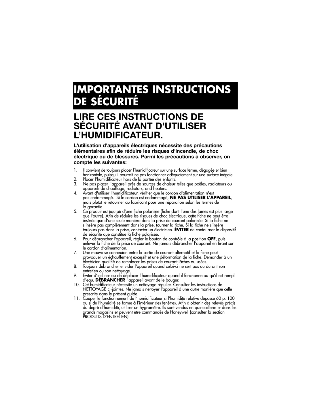 Honeywell HCM-890 owner manual Importantes Instructions DE Sécurité 