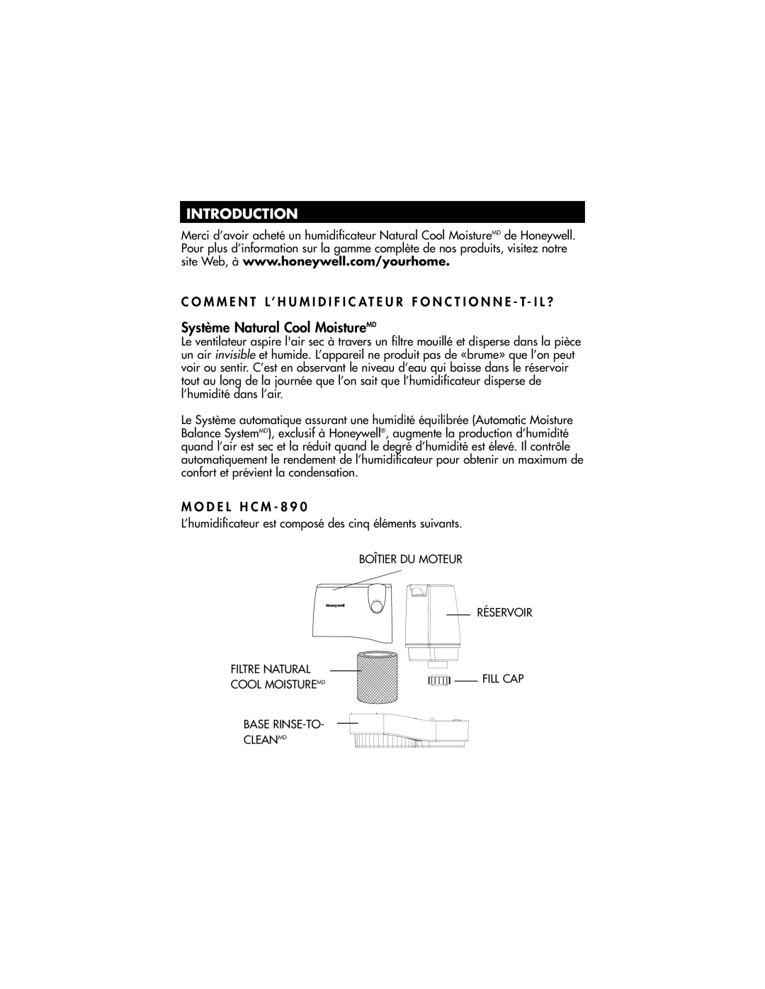 Honeywell HCM-890 owner manual Système Natural Cool MoistureMD 