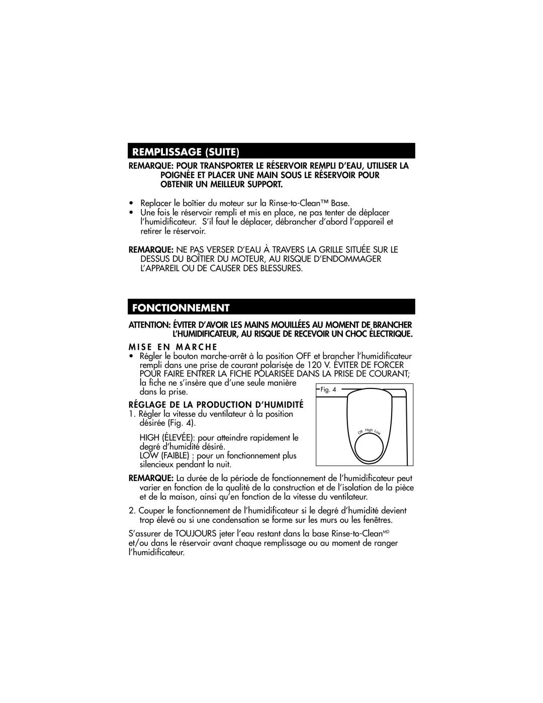 Honeywell HCM-890 owner manual Remplissage Suite, Fonctionnement 