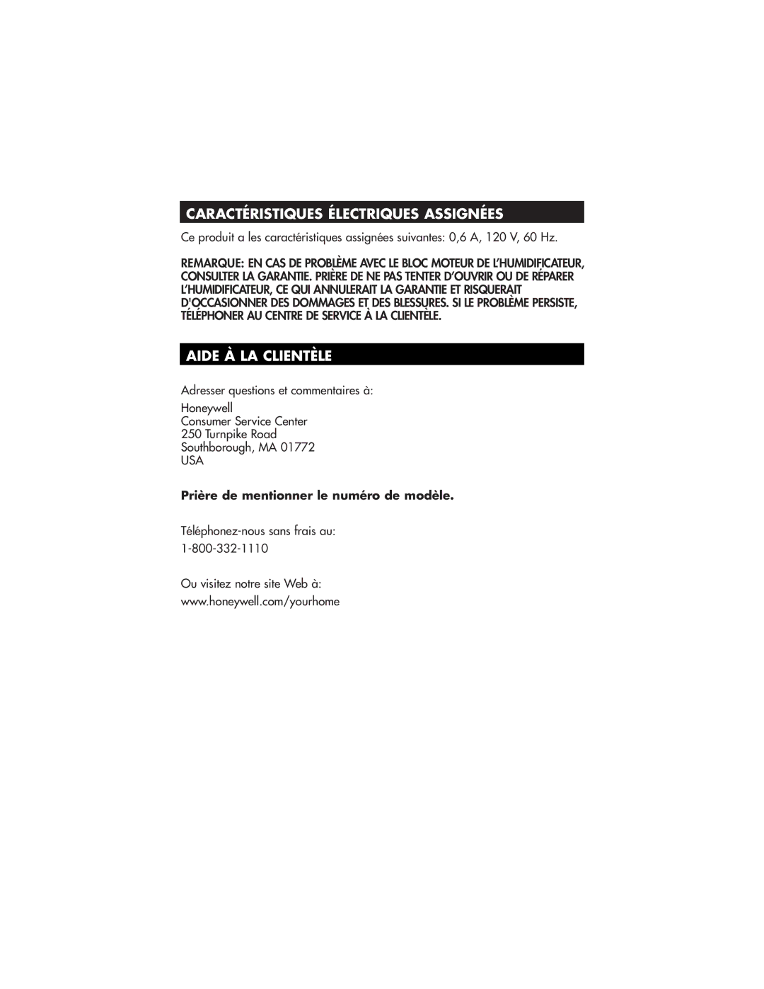 Honeywell HCM-890 owner manual Caractéristiques Électriques Assignées, Aide À LA Clientèle 