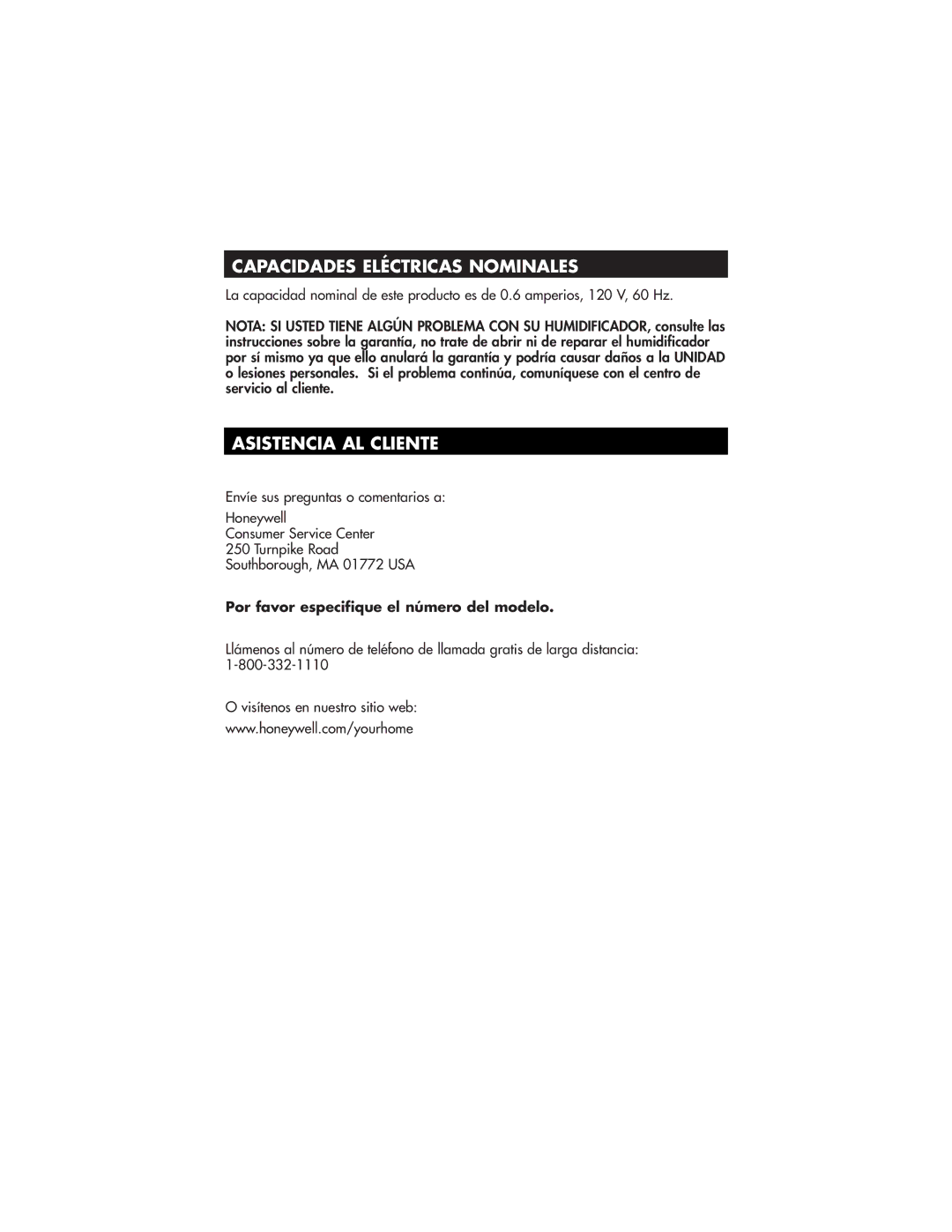 Honeywell HCM-890 owner manual Capacidades Eléctricas Nominales, Asistencia AL Cliente 