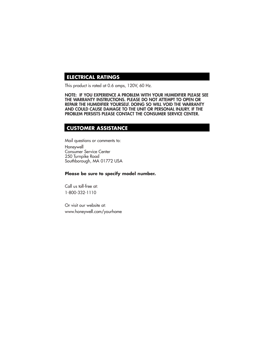 Honeywell HCM-890 owner manual Electrical Ratings, Customer Assistance 