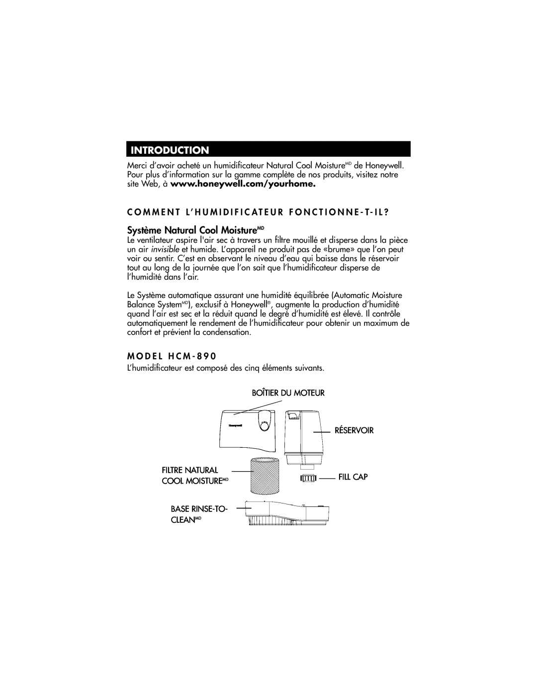 Honeywell HCM-890 owner manual Système Natural Cool MoistureMD, Introduction 