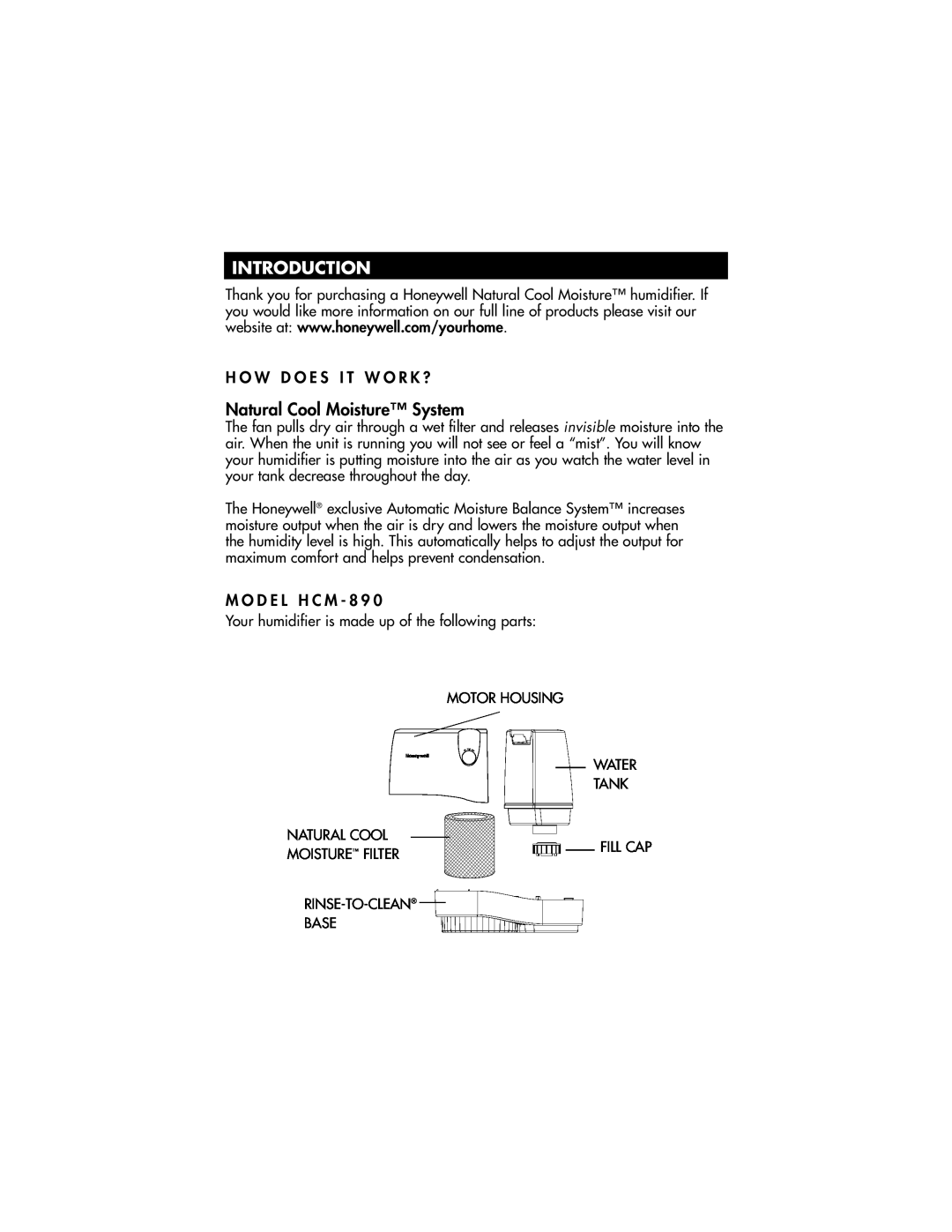 Honeywell HCM-890 owner manual Introduction, Natural Cool Moisture System 