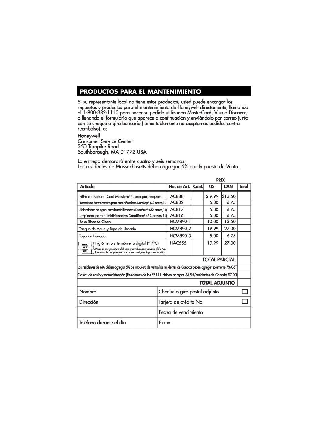 Honeywell HCM-890 owner manual Productos Para El Mantenimiento, Honeywell Consumer Service Center 