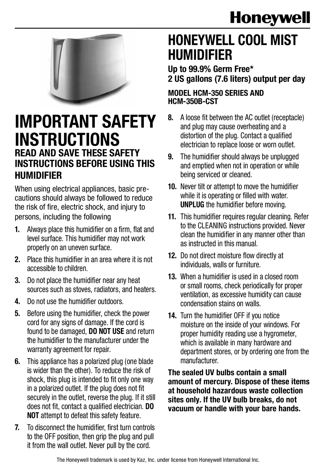 Honeywell HCM350 important safety instructions US gallons 7.6 liters output per day, Model HCM-350 Series HCM-350B-CST 