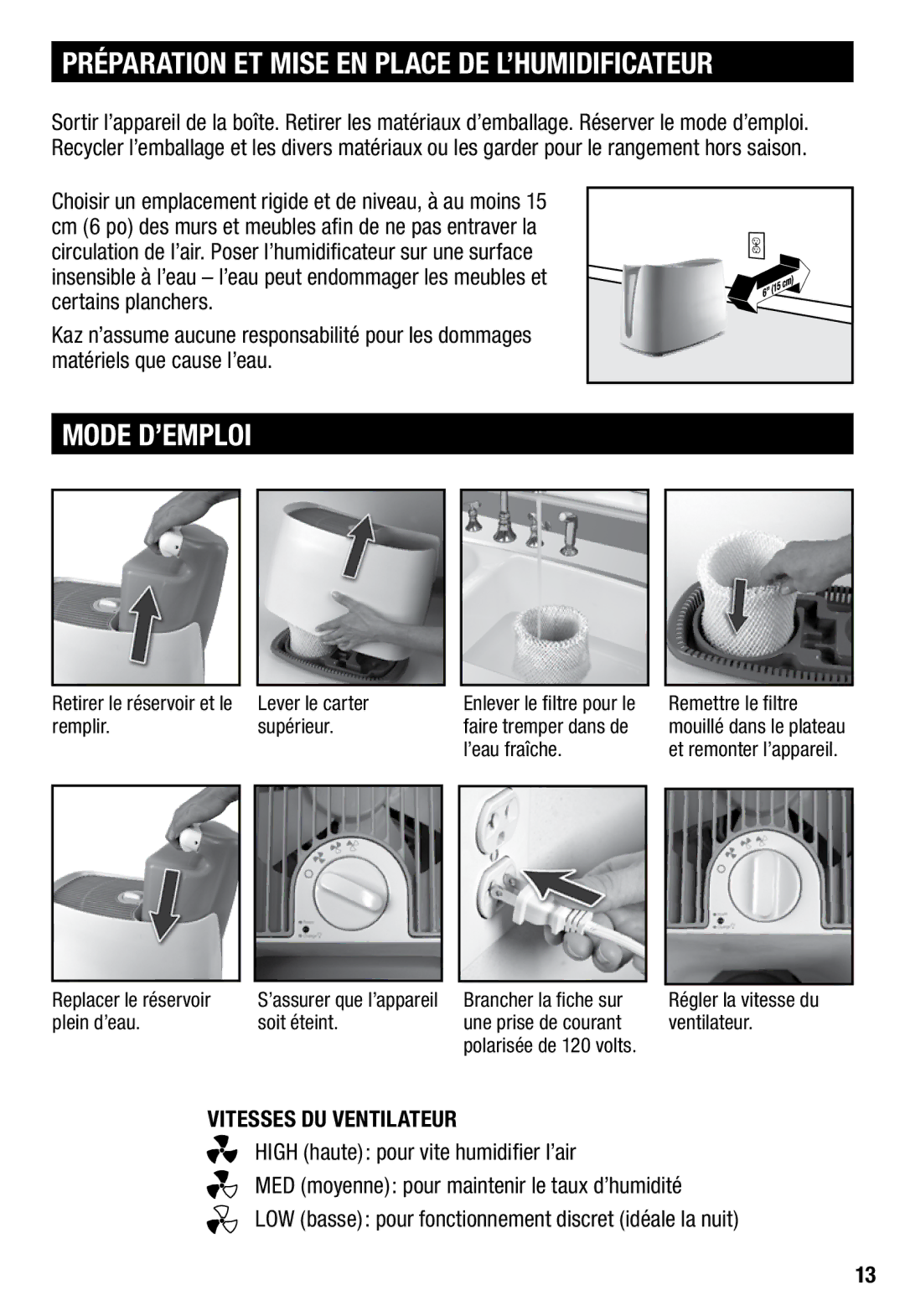 Honeywell HCM350 Préparation ET Mise EN Place DE L’HUMIDIFICATEUR, Mode D’EMPLOI, Vitesses DU Ventilateur 