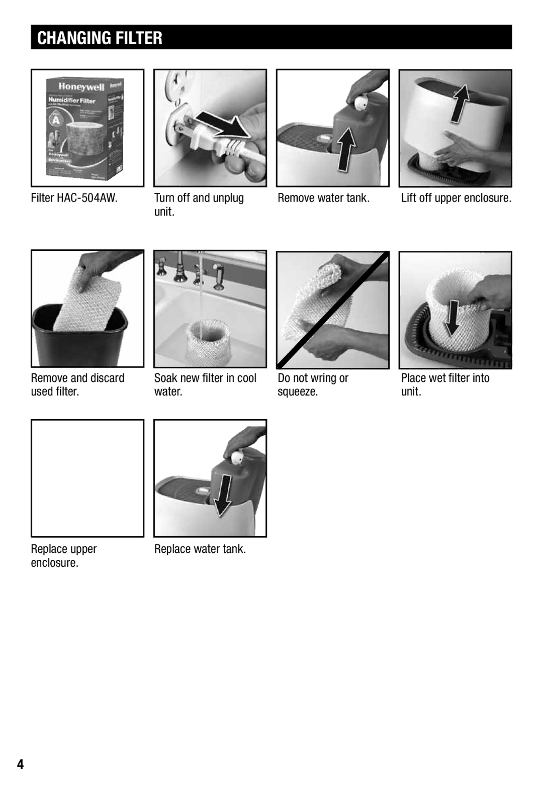 Honeywell HCM350 important safety instructions Changing Filter 