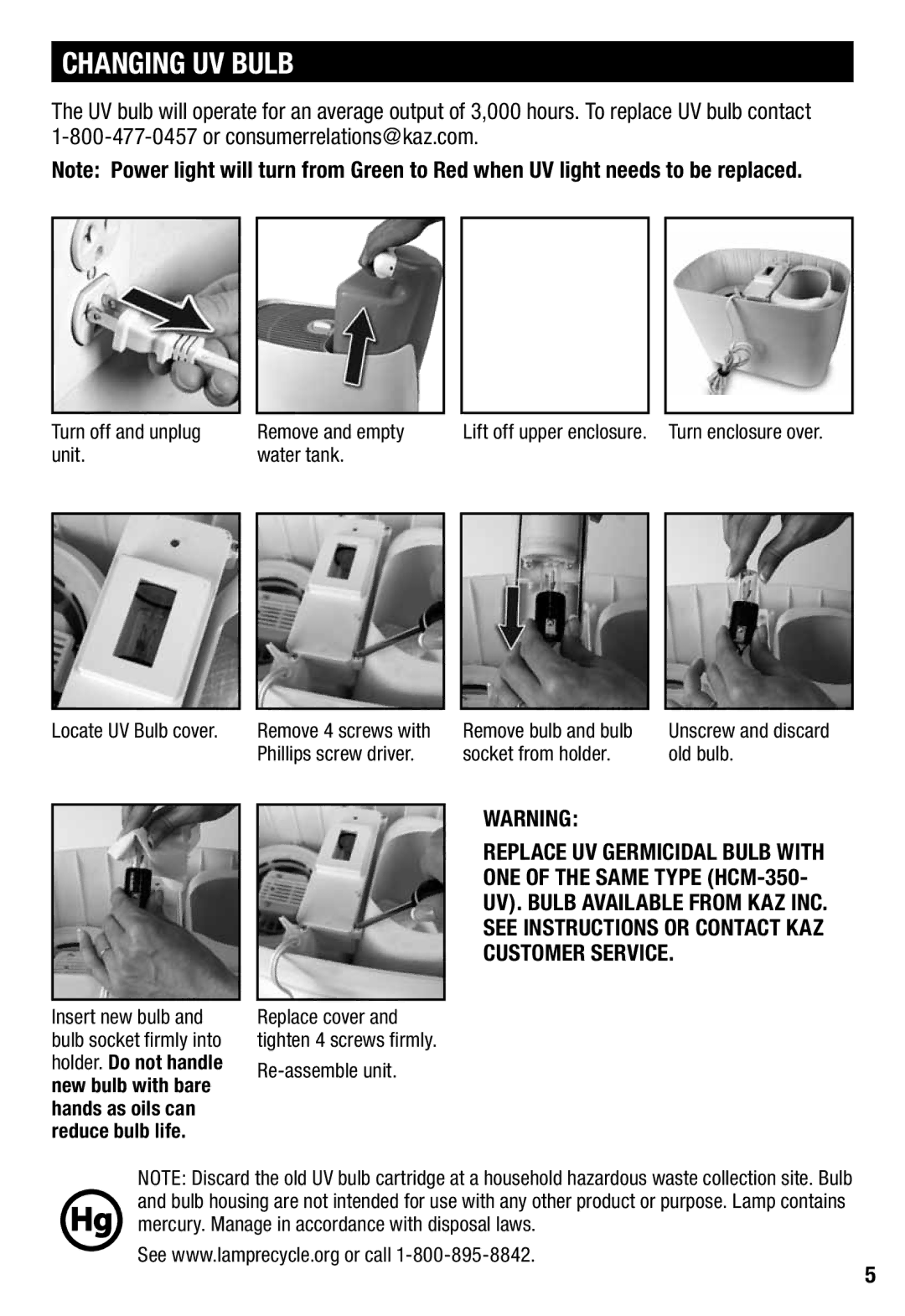 Honeywell HCM350 Changing UV Bulb, Turn off and unplug Remove and empty, Unit Water tank Locate UV Bulb cover 