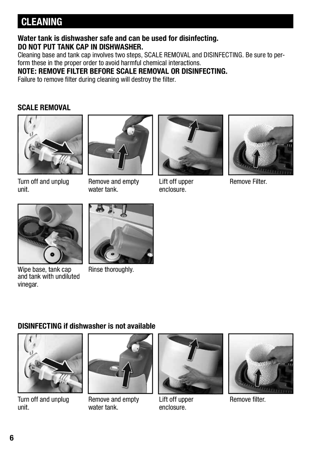Honeywell HCM350 Cleaning, Do not PUT Tank CAP in Dishwasher, Scale Removal, Disinfecting if dishwasher is not available 