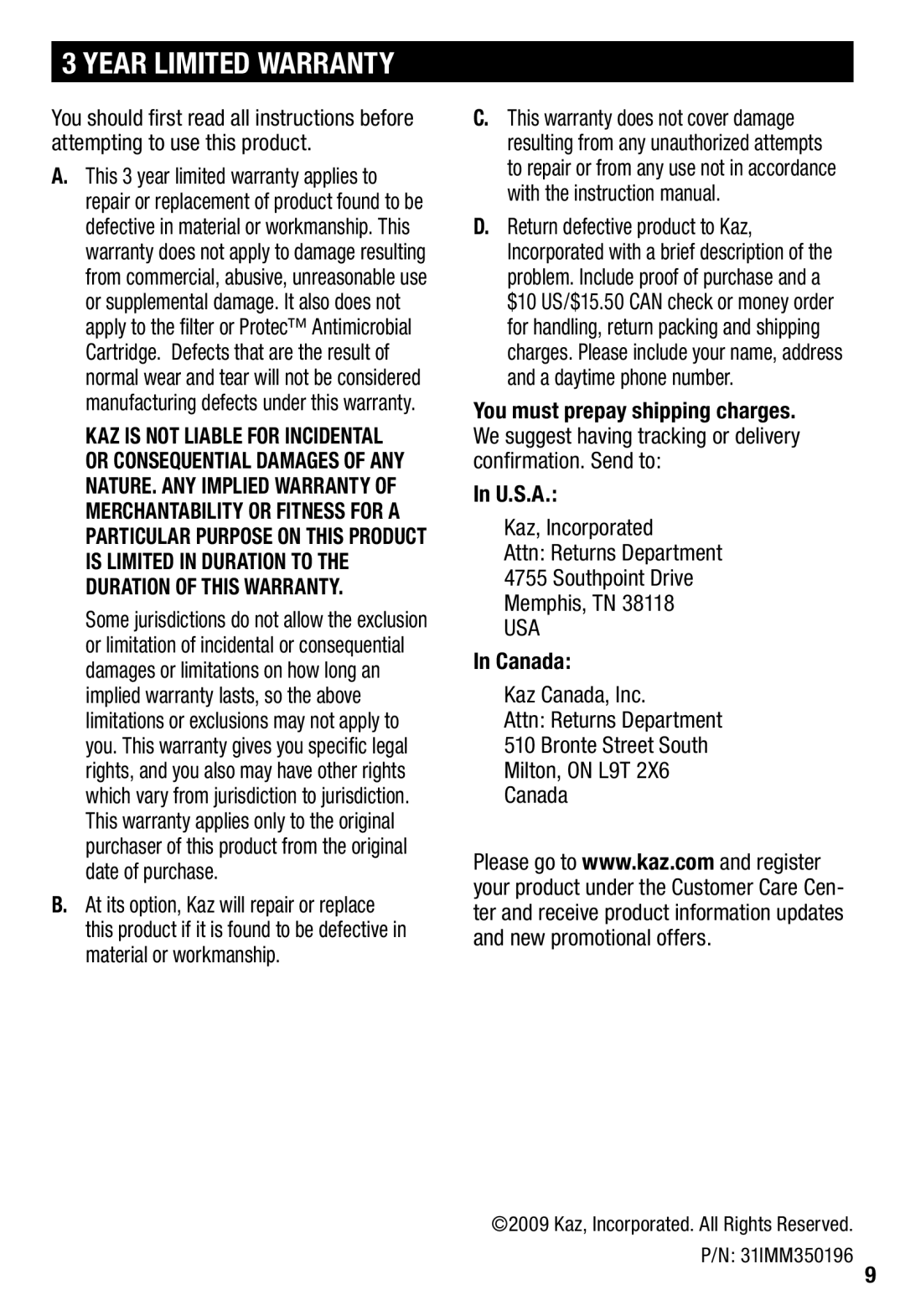 Honeywell HCM350 important safety instructions Year Limited Warranty, U.S.A, Canada 