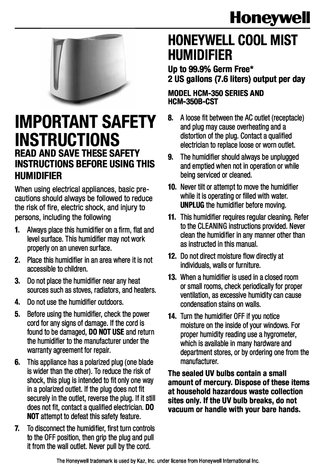 Honeywell HCM350 important safety instructions Up to 99.9% Germ Free, persons, including the following 