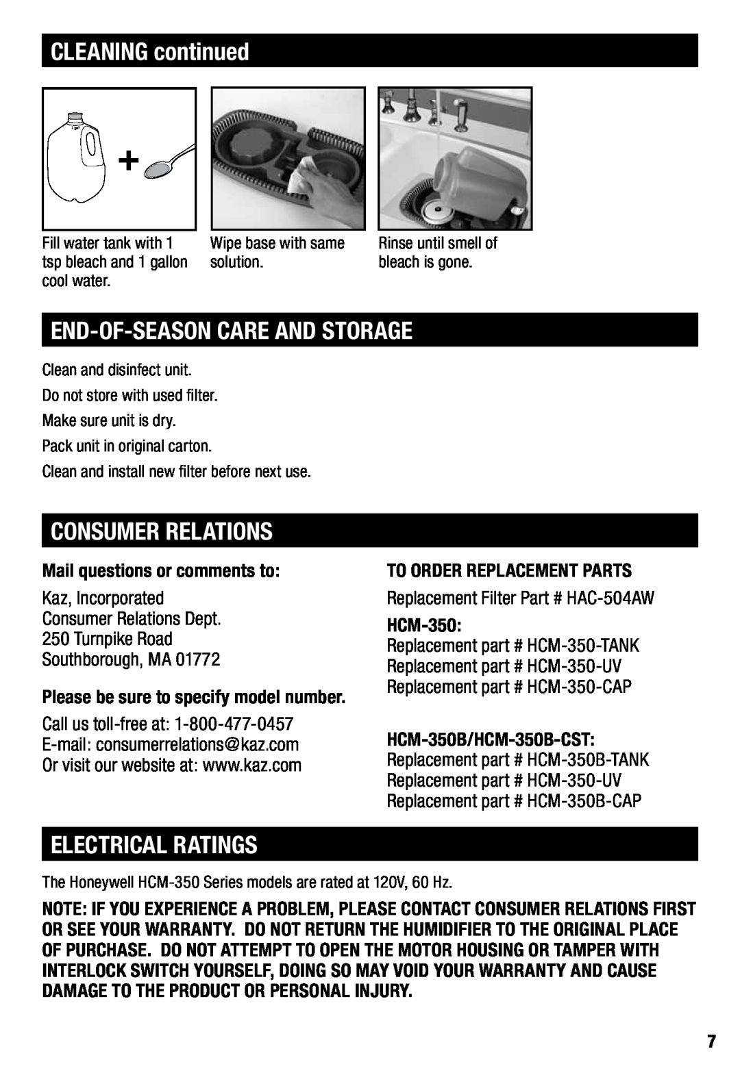 Honeywell HCM350 CLEANING continued, End-Of-Seasoncare And Storage, Consumer Relations, Electrical Ratings 