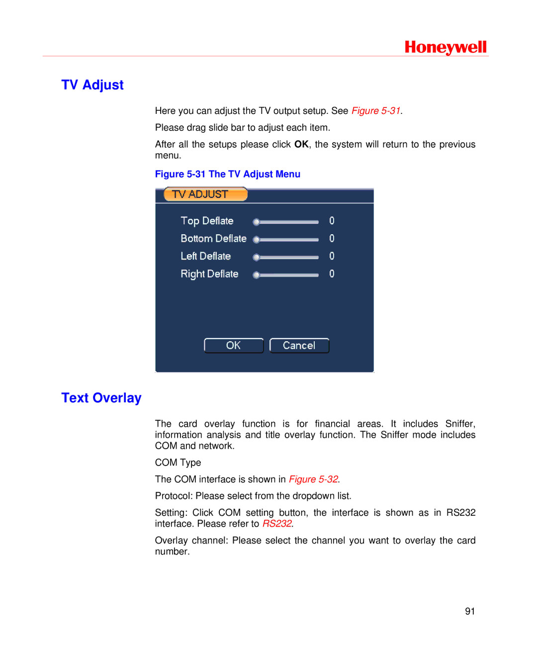 Honeywell HD-DVR-1004, HD-DVR-1008, HD-DVR-1016 user manual TV Adjust, Text Overlay 